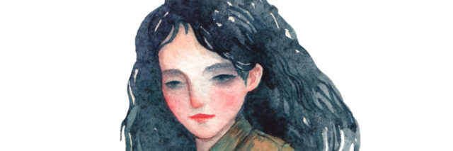 Water color illustration of a solemn woman wearing a coat.