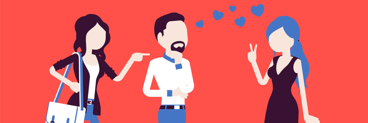 How a Partner Cheating on You Can Affect Your Mental Health Girlfriend feeling jealous. Woman crazy about boyfriend talking to other girl, suffering from obsessive love, suspicious, mistrusting partner in relationship. Vector illustration, faceless characters