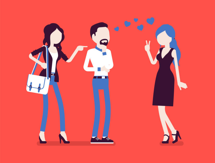 Girlfriend feeling jealous. Woman crazy about boyfriend talking to other girl, suffering from obsessive love, suspicious, mistrusting partner in relationship. Vector illustration, faceless characters