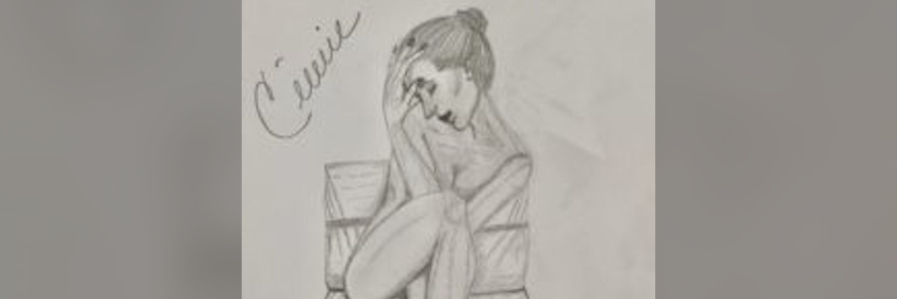 How My Sexual Trauma Affects My Sexual Function Pencil-sketch artwork of a woman with her hair in a bun sitting down with her legs to her chest and head in her hadns