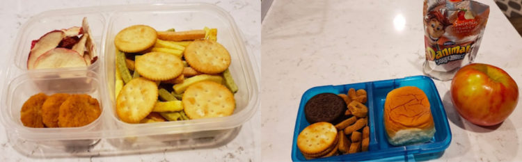 two bento box lunches: One likes the same thing everyday, it is crunchy foods including freezed dried fruit and chicken nuggets. While his brother is picky but will eat different textures.”