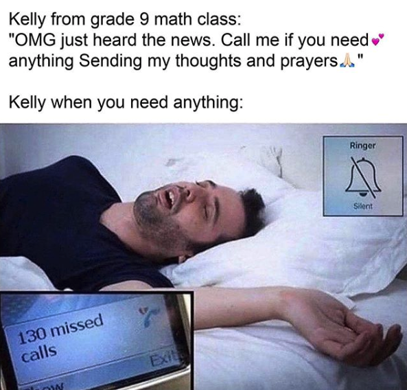 image of man sleeping and image of 130 missed calls on phone screen, text kelly when you need anything
