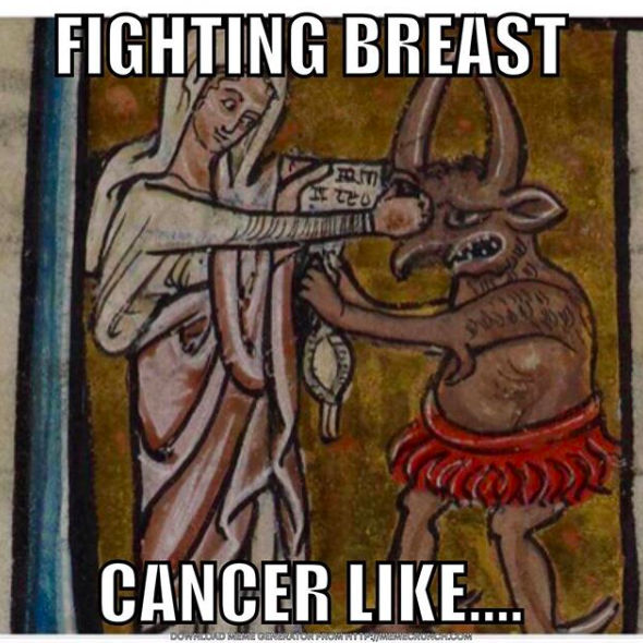 mainting of woman punching mythical creature. caption: fighting breast cancer like