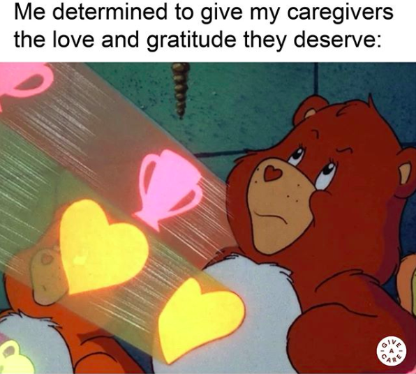 care bear sending hearts. me determined to give my caregivers the love they deserve