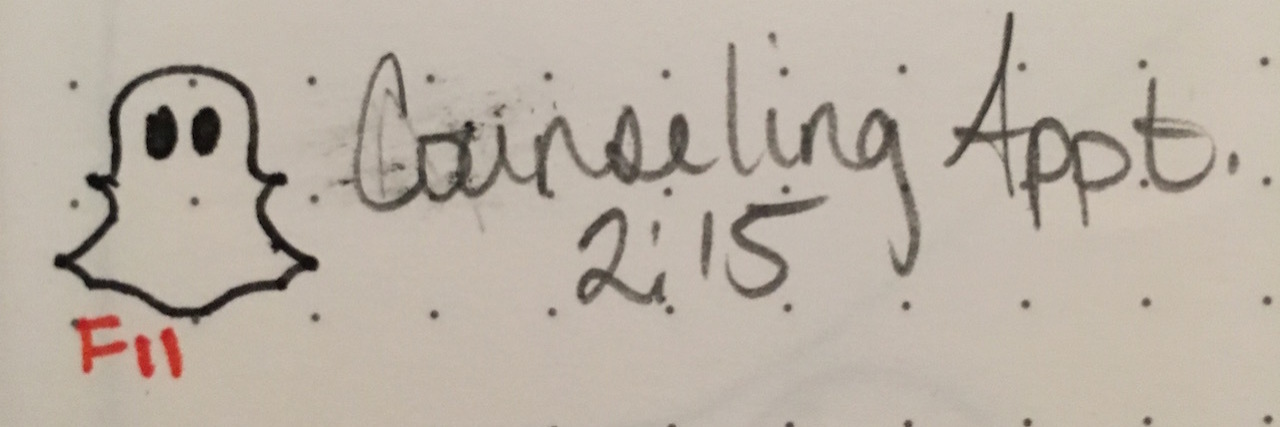 Pictures That Show Why I'm Thankful for My Manic Phases Page from a bullet journal, with the dates marked by cats or ghosts, with the words "Counseling Appt. 2:15" beside the ghost labeled Friday the 11th.