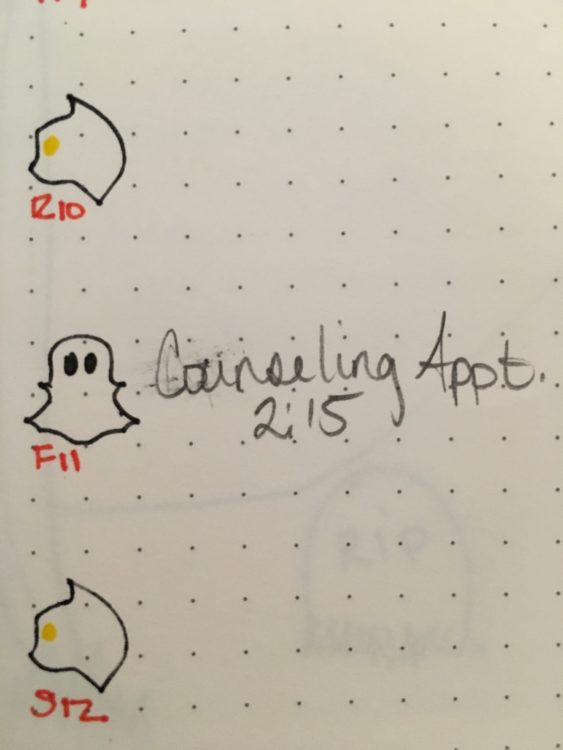 Page from a bullet journal, with the dates marked by cats or ghosts, with the words "Counseling Appt. 2:15" beside the ghost labeled Friday the 11th.