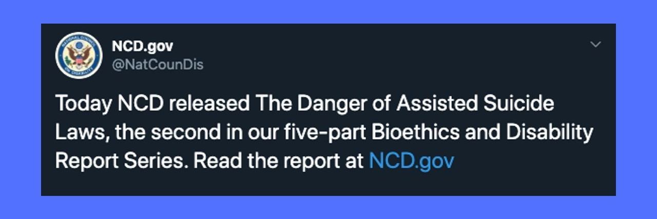 Tweet from the National Disability Council on its assisted suicide report