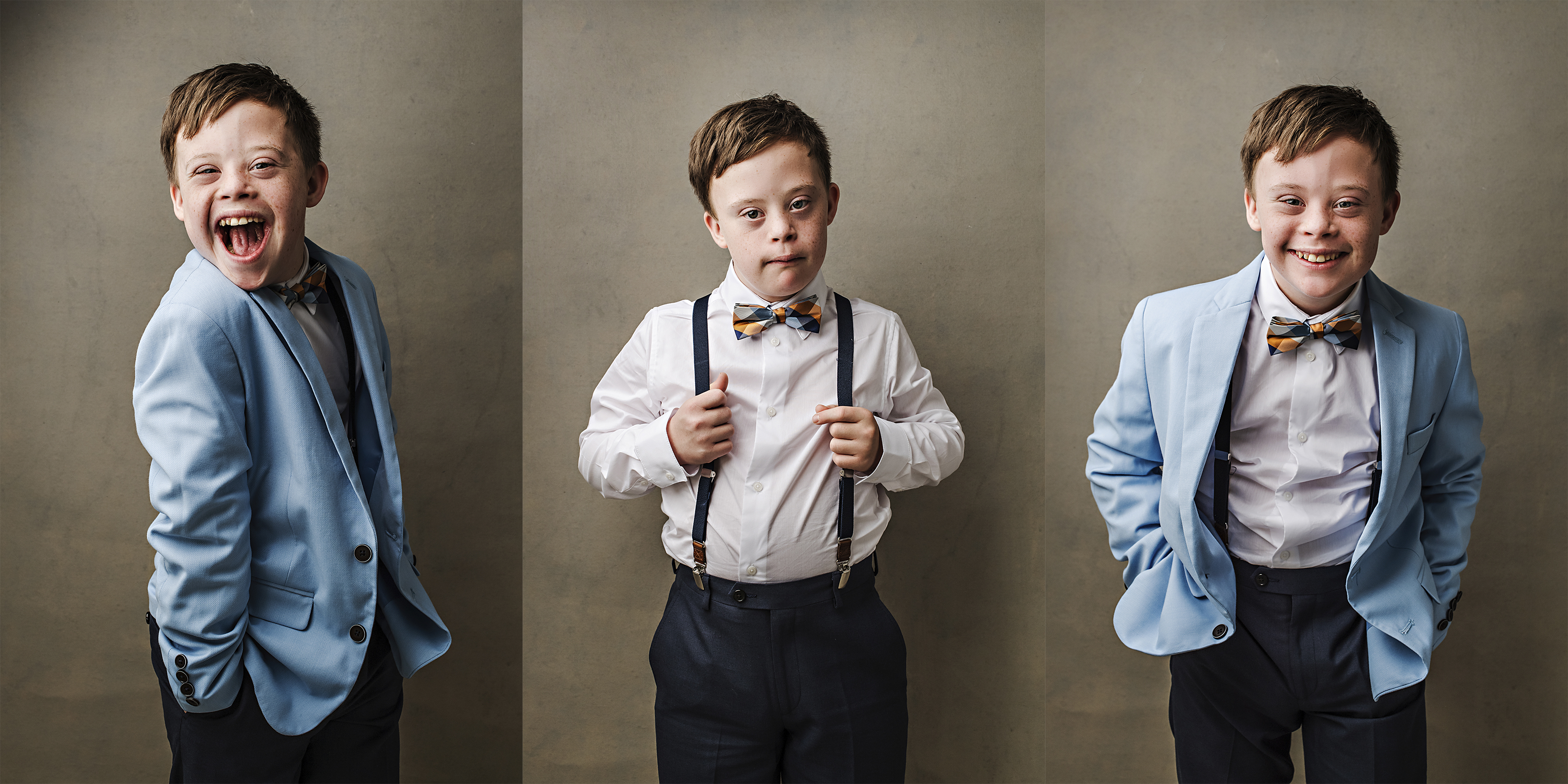 Simon, a boy with Down syndrome wearing a tuxedo and bow tie.