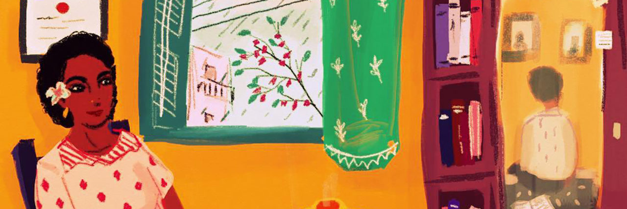 Dating as a Woman With a Disability in India To the left of the image, a person with short dark hair with a flower in it sits in a chair, a small smile on their face and a coffee table in front of them. To the right, we see the reflection of a person’s back in a mirror on the door of a cupboard. The walls of the room are a warm yellow, and through a large open window we see birds, branches and a building. Credit: Upasana Agarwal.