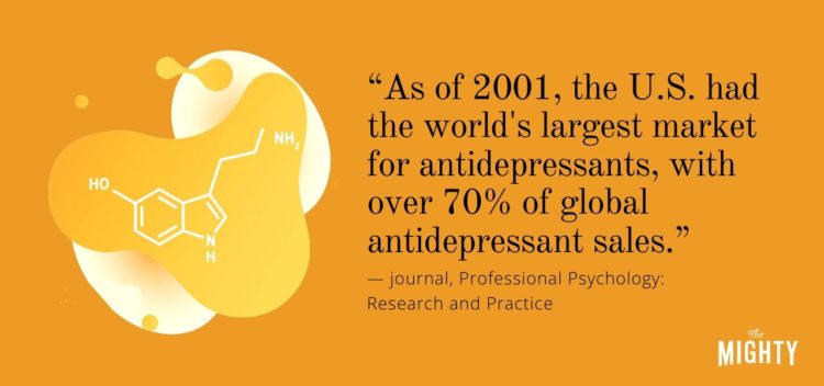 IMAGE: As of 2001, the U.S. had the world's largest market for antidepressants, accounting for over 70% of antidepressant sales worldwide. — journal, Professional Psychology: Research and Practice