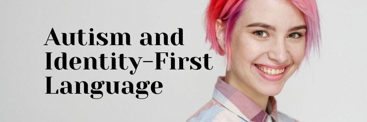 Should You Say Autistic or Person With Autism? Young beautiful girl with a short hair cut pixie bob. Color hair coloring, red pink color. Shirt in a cellar, casual style. Autism and Identity-First Language