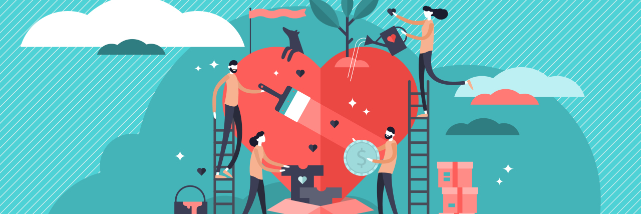 illustrated picture of many people working together and building a heart