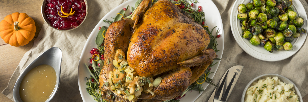 Coping on Thanksgiving During Bulimia Recovery A layout of various foods put together for Thanksgiving dinner.