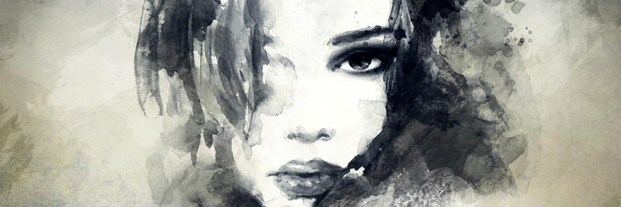 watercolor of straight face woman with hair covering her face