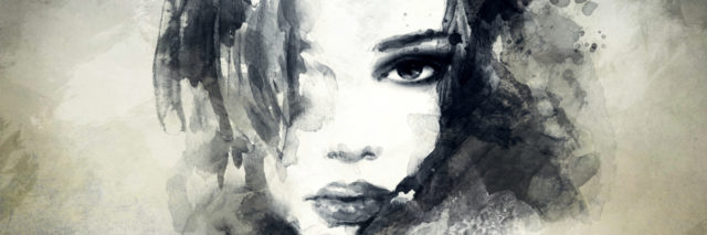 watercolor of straight face woman with hair covering her face