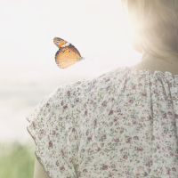 a colorful butterfly leans delicately on the shoulders of a woman