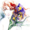 watercolor of a woman with multicolored hair looking away