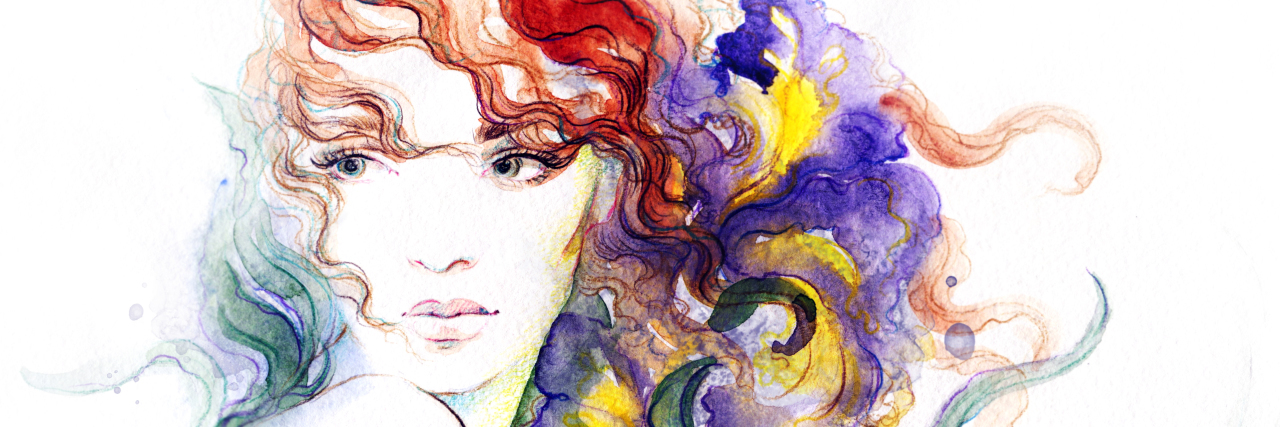 Learning to Trust People Despite Fortune Telling Cognitive Distortion watercolor of a woman with multicolored hair looking away