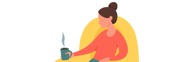 Woman sitting in a chair At Home with a cup of tea or coffee - illustration.