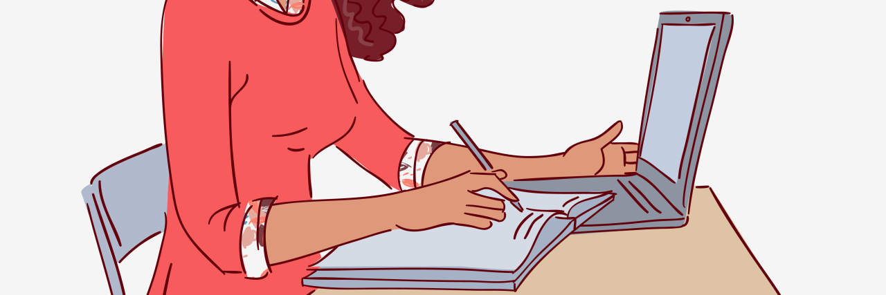 Saying 'No' During the Holidays Because of Illness Young girl using laptop and writing in notebook