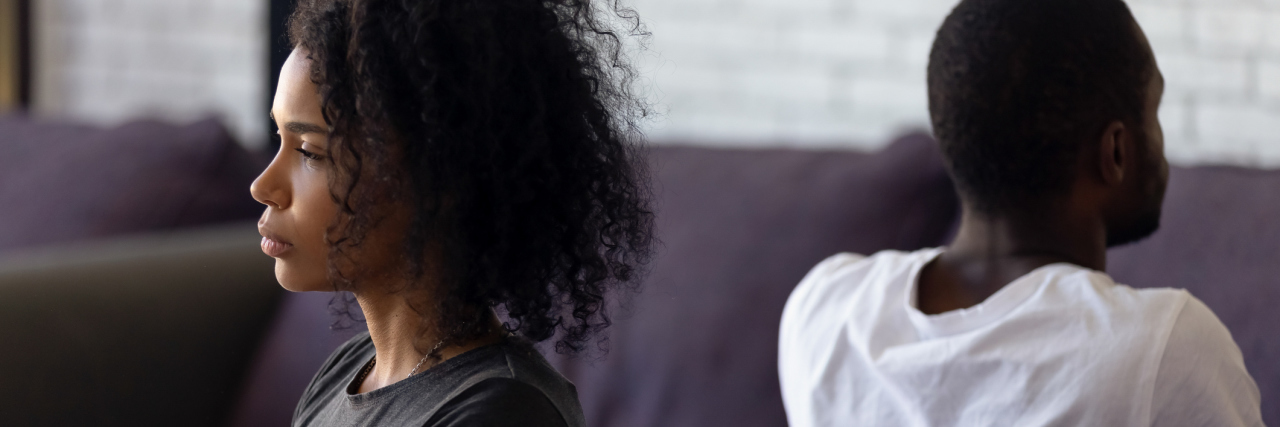 Being in a Relationship With a Toxic Person Sad unhappy african wife avoiding talk ignoring husband after couple fight feels indifferent offended, upset frustrated black girlfriend tired of problems, thinking of divorce with selfish boyfriend