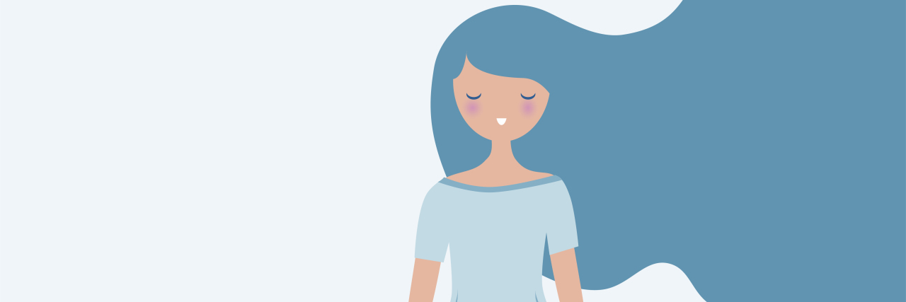 Young woman meditating vector. Relax concept illustration. Modern long hair flowing.
