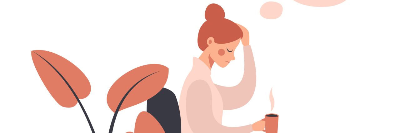 The Truth About Pain and Migraines Young woman with headache drinking hot coffee while sitting in chair. Vector illustration isolated from white background