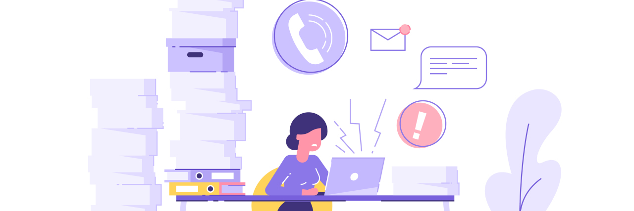 Managing Bipolar Disorder Is a Full-Time Job That Must Take Priority illustration of a woman sitting at a desk with stacks of papers around her, emails going off, phones buzzing and messages coming in