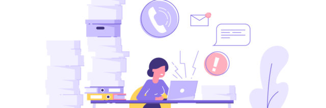 illustration of a woman sitting at a desk with stacks of papers around her, emails going off, phones buzzing and messages coming in