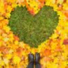 heart shape created from grass surrounded by leaves, with boots in the frame