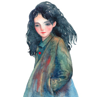A watercolor photo of a sad woman standing with a long coat on with her hands in her pockets.