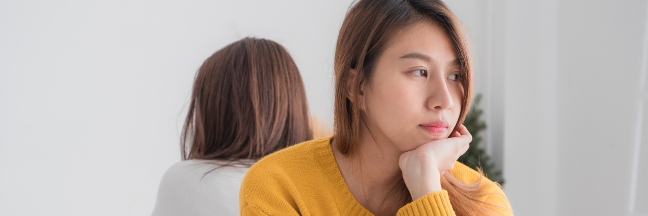 Is Your Partner a Narcissist? Asia lesbian lgbt couple quarrel sitting each side of bed with moody emotion in white bedroom
