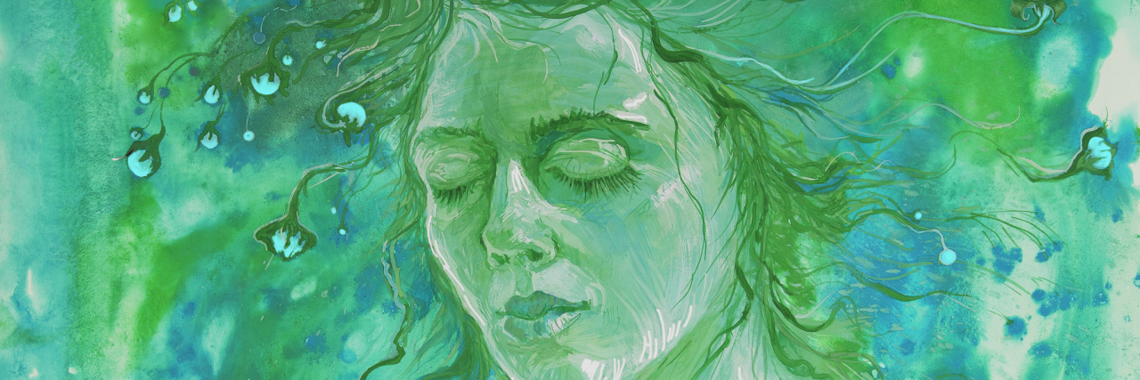 Balancing Hope and Reality With a Rare Disease A watercolor painting of a woman with her eyes closed in front of a surreal background.