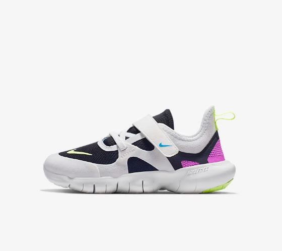 Nike Free RN 5.0 Little Kids' show black pink and white with green and Velcro strap