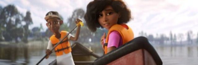 Pixar short film Loop, showing two young people in a red canoe on the water