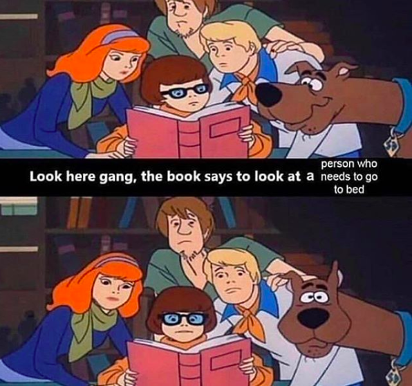 Screen grab from Scooby Doo TV show, where the gang is looking in a book. Text reads: "Look here gang, the book says to look at a person who needs to go to bed" with a second image of the Scooby Doo gang looking out at the viewer.