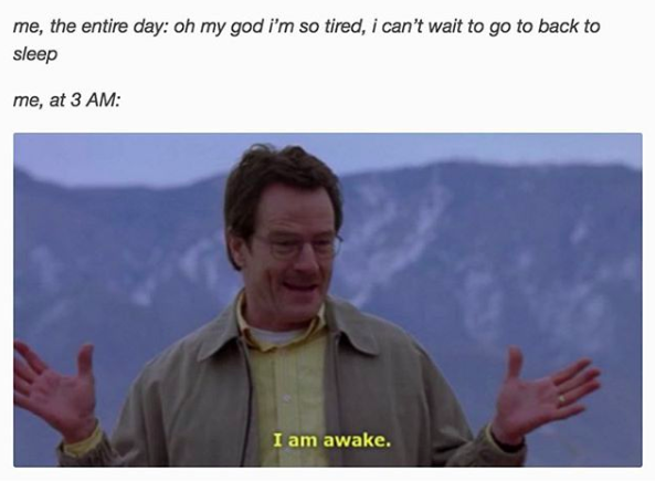 me, the entire day: oh my god i'm so tired, i can't wait to go back to sleep. me, at 3AM: (image of Walter White from Breaking Bad saying "I am awake.")