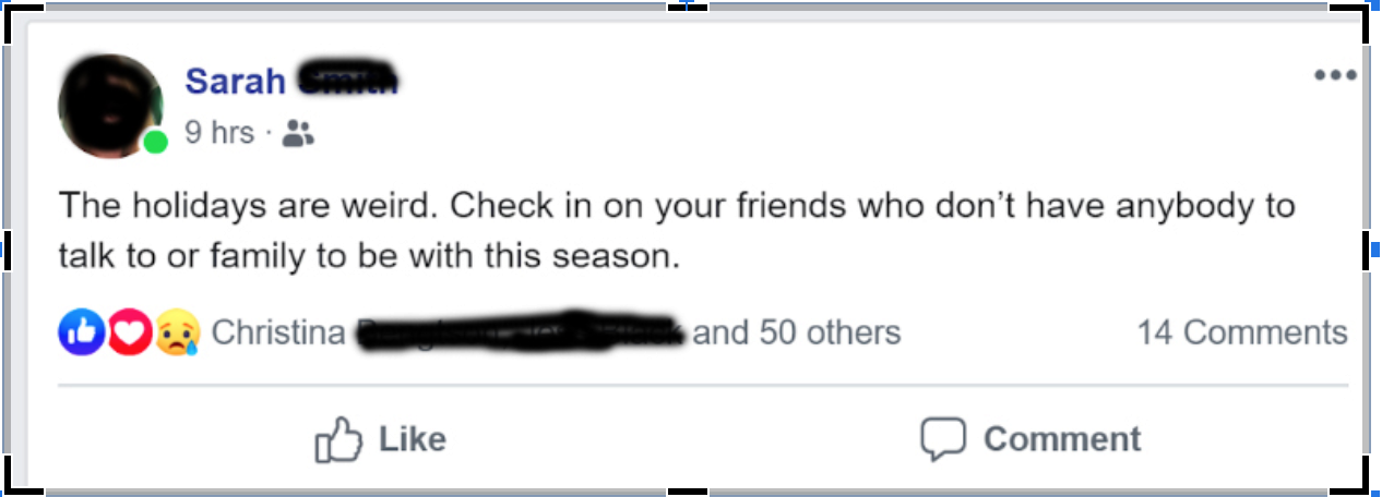 A screenshot from a Facebook friend reminding people to perform emotional charity this holiday season.