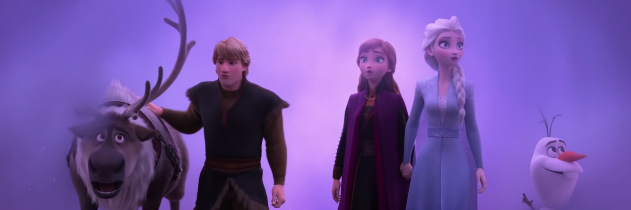 How 'The Next Right Thing' From Frozen 2 Is About Depression screenshot from disney's frozen 2 showing Anna, Elsa, Kristoff, Sven and Olaf walking through purple mist looking scared