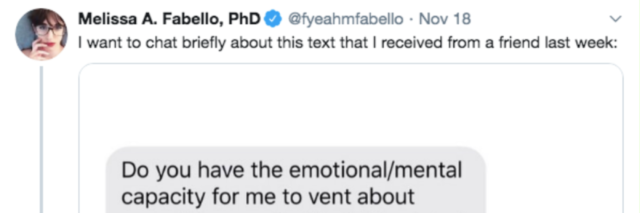 A tweet from Melissa A. Fabello, PhD that reads, I want to chat briefly about this text that I received from a friend last week: