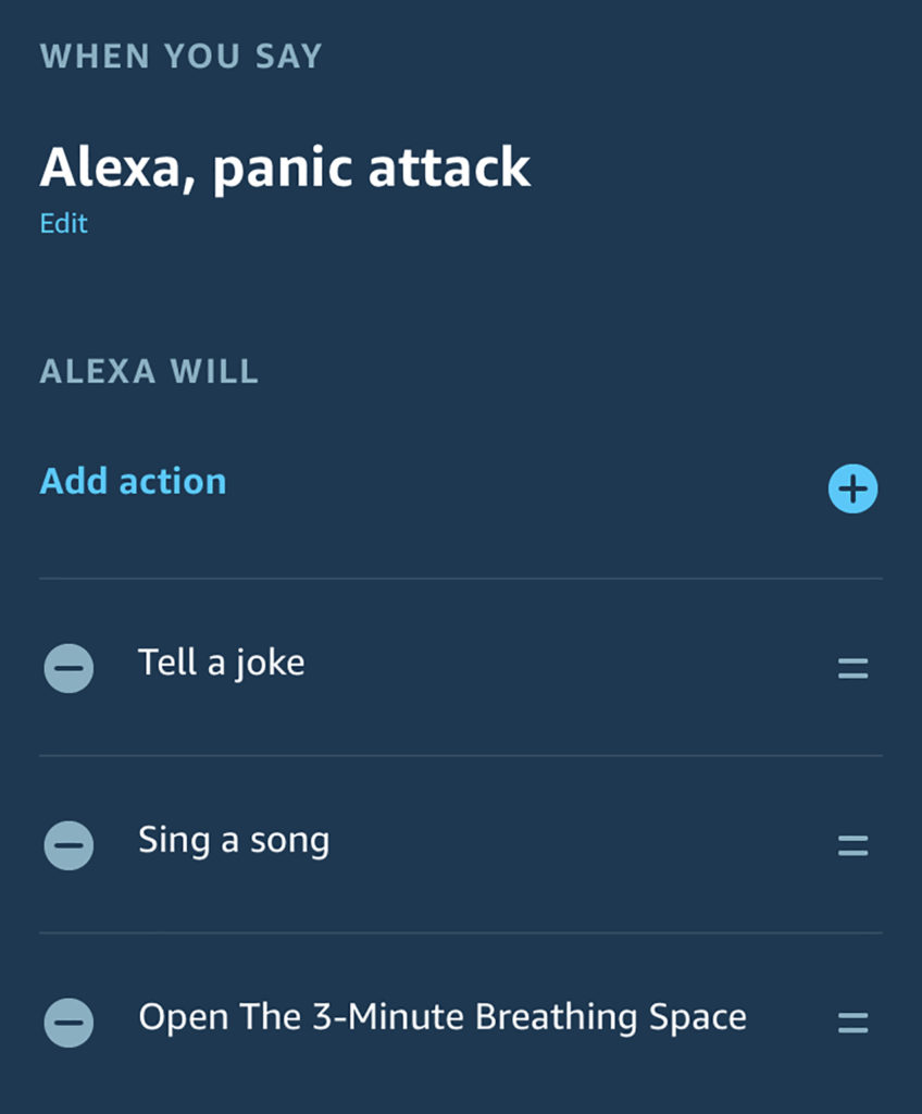 screenshot of Alexa routine setup, showing a routine after saying "alexa, panic attack," which will tell a joke, sing a song and open a five-minute breathing space mindfulness app