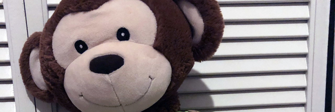 A Letter of Thanks to the Helpers Who Support My Daughter With a Disab A picture of a big stuffed monkey wearing a green vest.