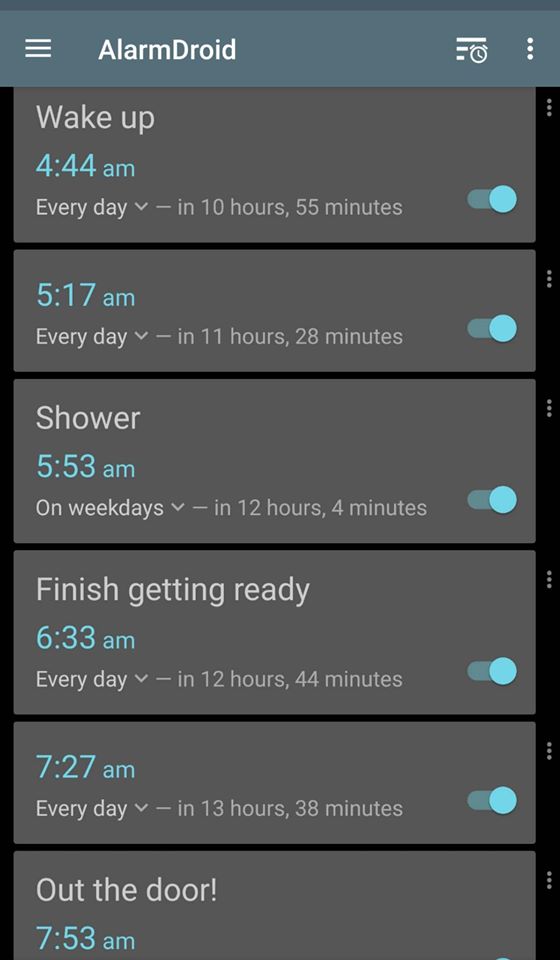 A screenshot of alarms set for the day