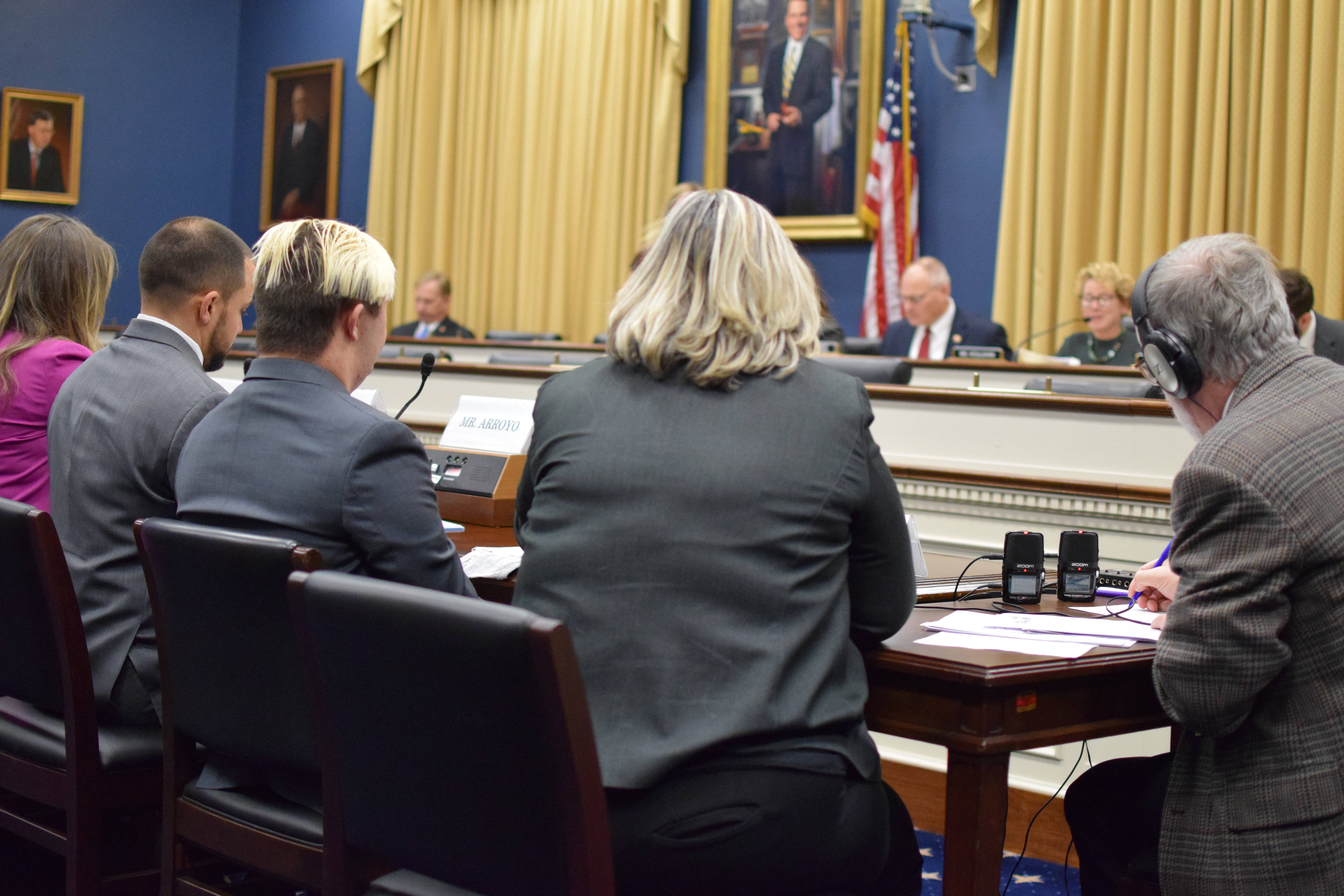 The backs of Sandra and Sean McElwee seated at a hearing table