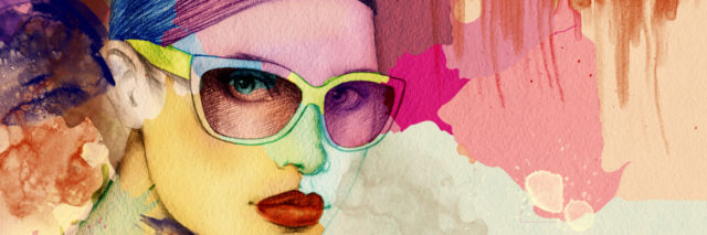 illustration of a woman looking straight-faced ahead with glasses, red lipstick, and colorful backgrounds
