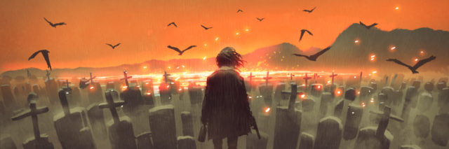illustration of the back of a girl in a graveyard looking out into an orange sky with bird flying around