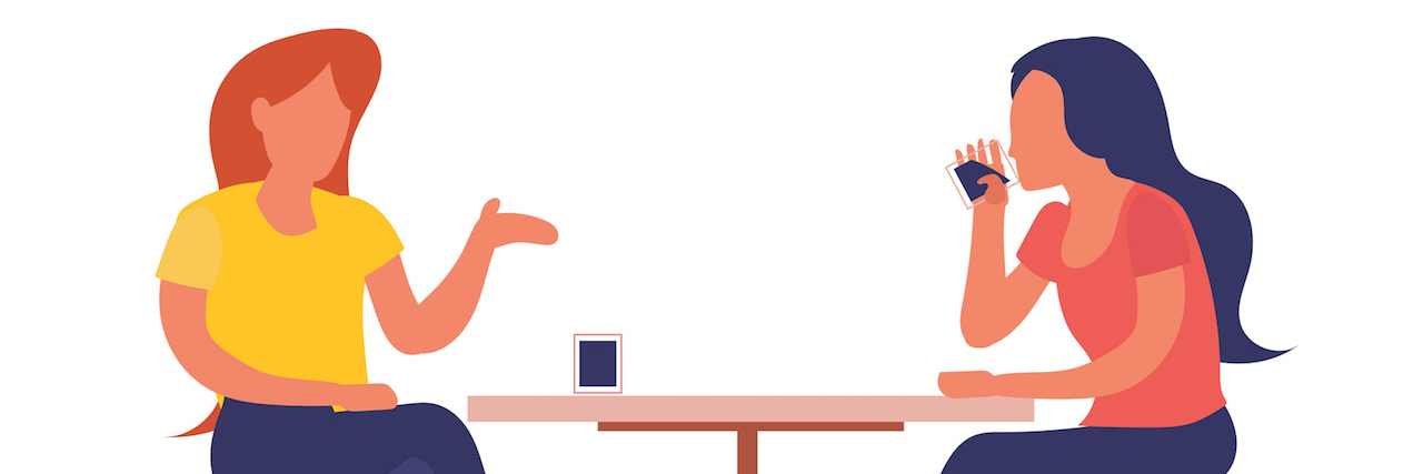 two women sitting at cafe drink coffee while talking (illustration)