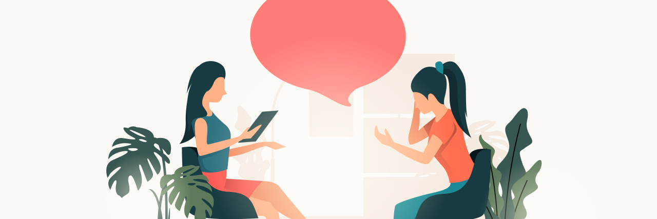How to Find and Pay for a Therapist With or Without Insurance illustration of a woman and her therapist both sitting in chairs across from each other, with plants on either side and a red speech bubble between them