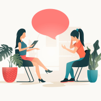illustration of a woman and her therapist both sitting in chairs across from each other, with plants on either side and a red speech bubble between them