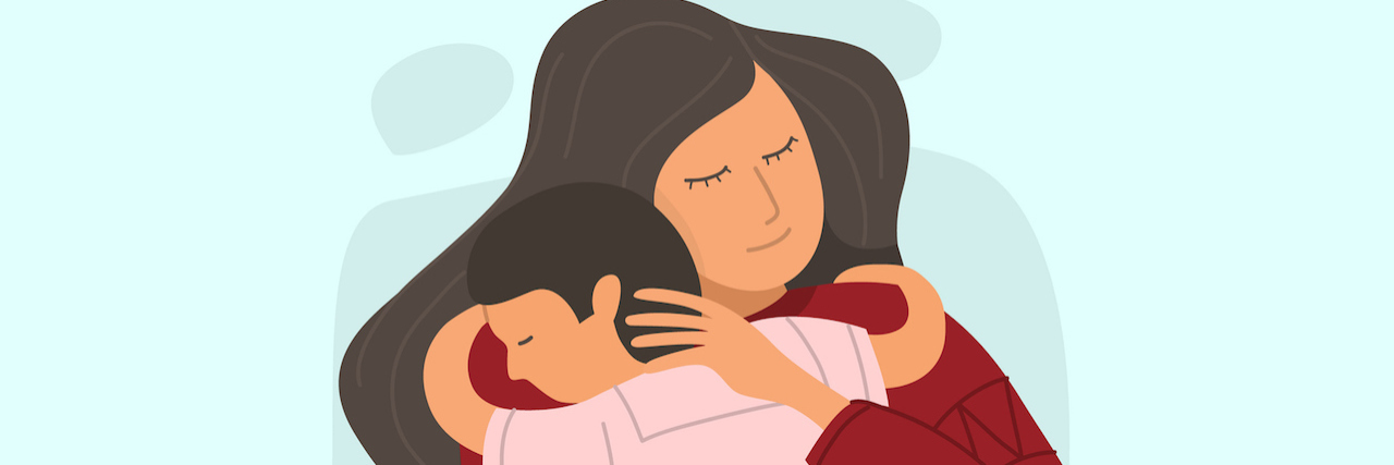 Mother embracing young son - illustration
